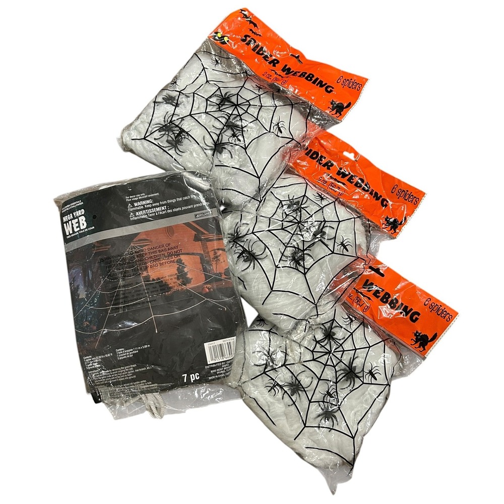 23ft Mega Yard Spider Web Halloween Decor Set 3pk Webbing Spiders Outdoor